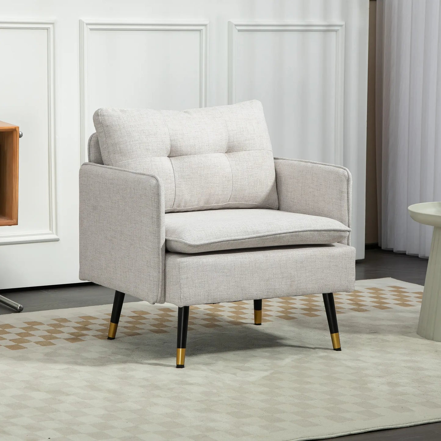 Modern Armchair, Upholstered Accent Chair with Tufted Back Cushion and Steel Legs in Cream White