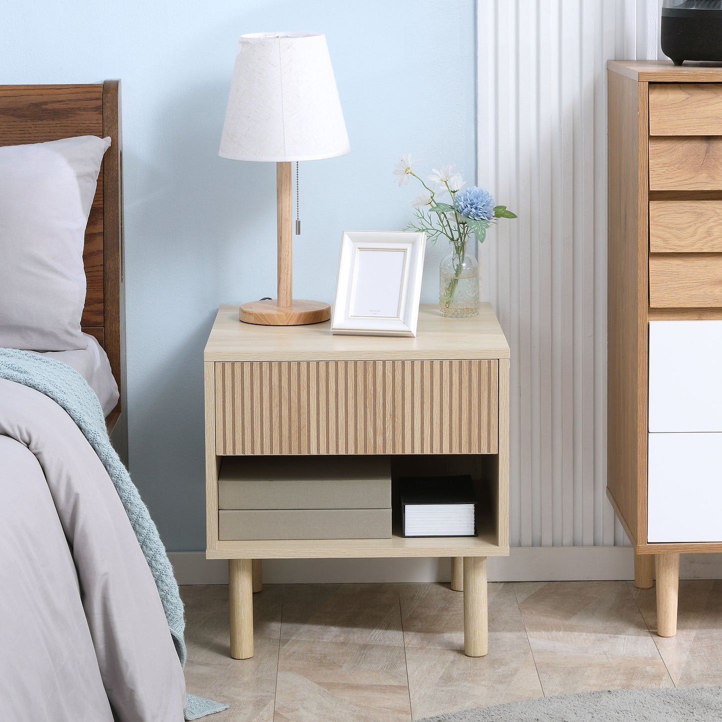 Modern Bedside Table with Drawer and Open Shelf, Sofa Side Table for Bedroom Living Room, Natural