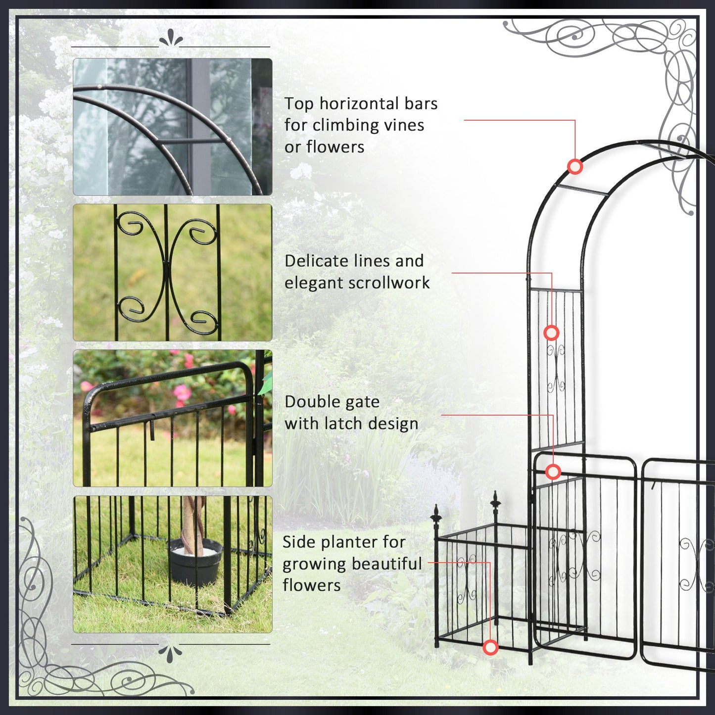 87" Metal Garden Arbor Arch with Double Doors, 2 Side Planter Baskets, Climbing Vine Frame, Black