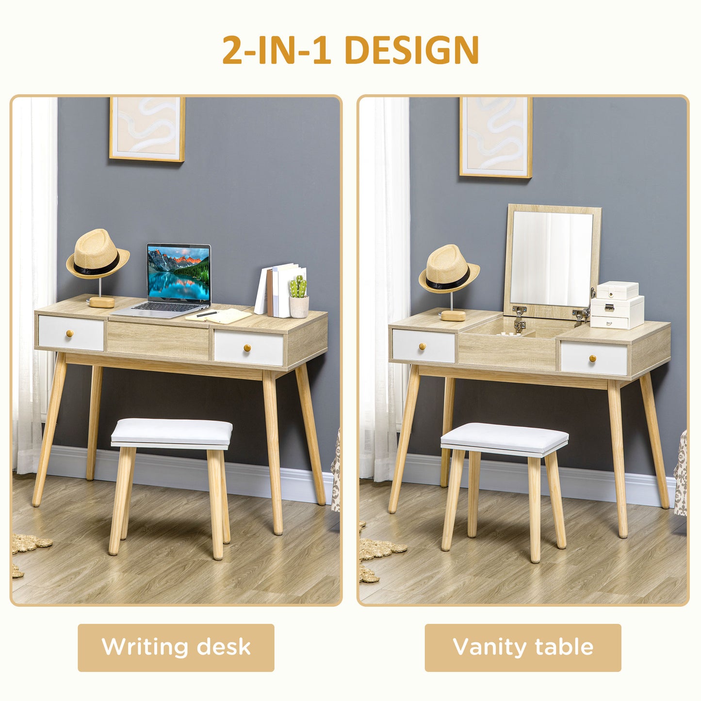 Flip Top Vanity Table / Writing Desk with 2 Drawers and Storage Grids, Natural