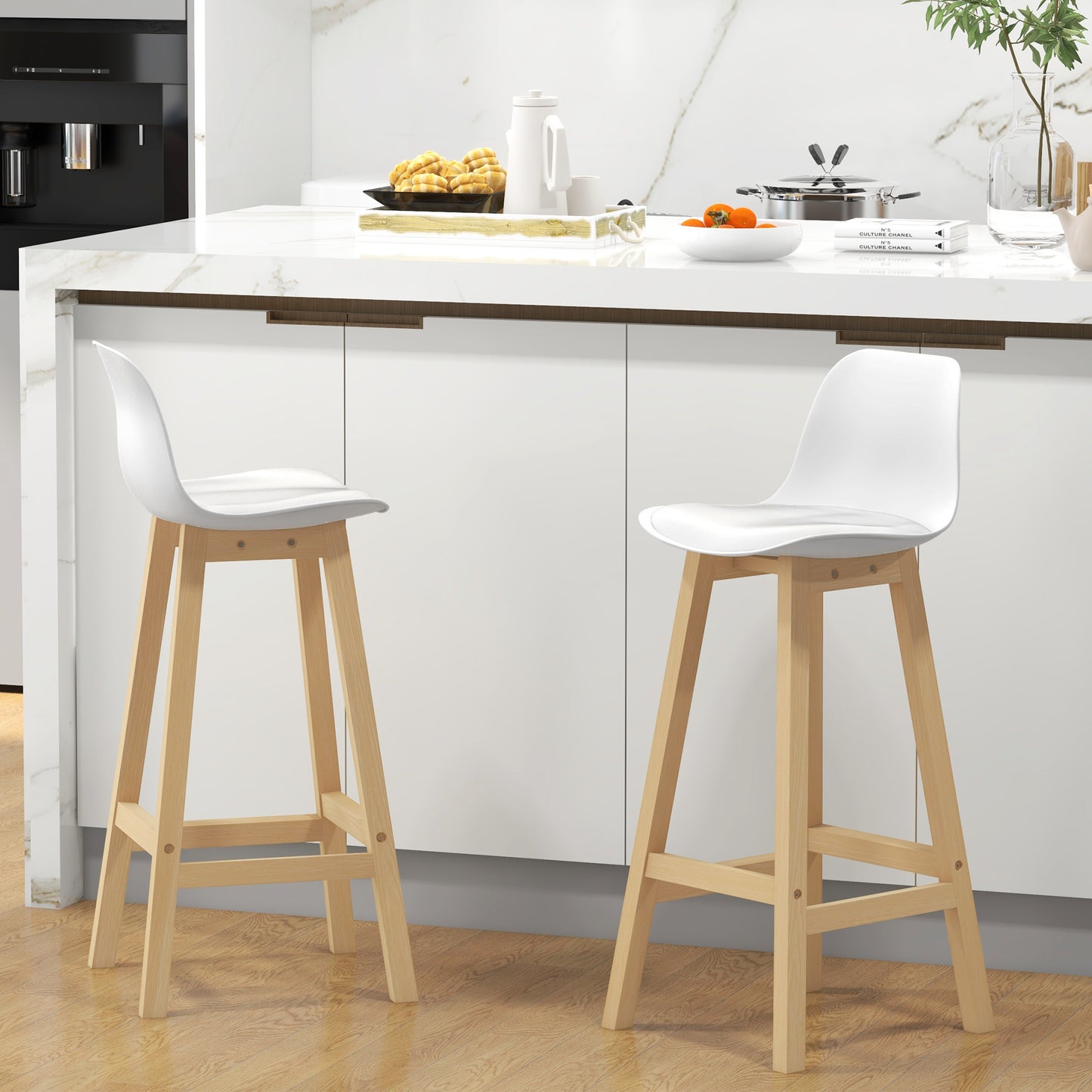 Bar Height Stools Set of 2, PU Leather Upholstered Stools for Kitchen Island, Modern Bar Chairs with Backs, White