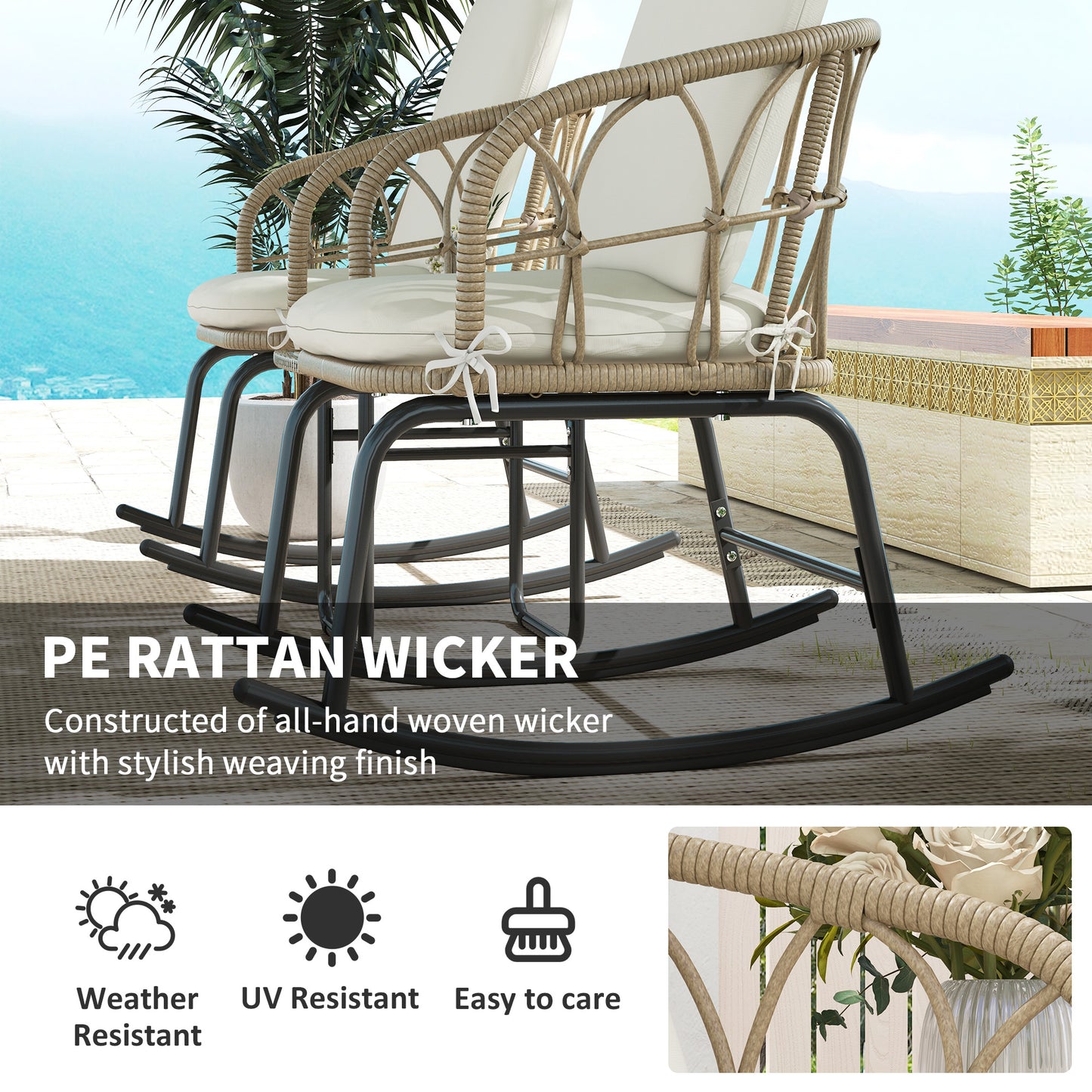 Outsunny 3 Pieces Patio Rocking Chair Patio Set with Cushions, Outdoor Round PE Rattan Wicker Hollow Design Conversation Set with Two Rocker Chairs, Glass Top Coffee Table, Beige