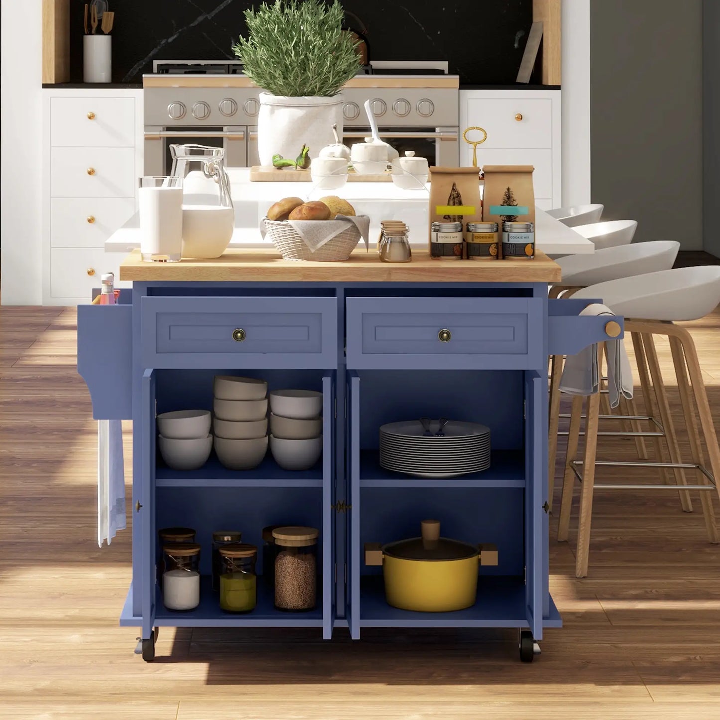 Kitchen Island with Storage, with Rubber Wood Top, Spice Rack, Towel Rack, Navy Blue