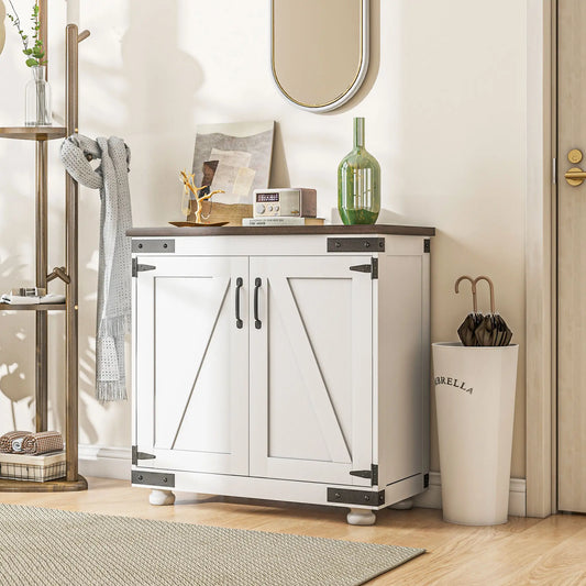 Small Sideboard Buffet or Entryway Storage Cabinet with Barn Door and Adjustable Shelves, White and Brown