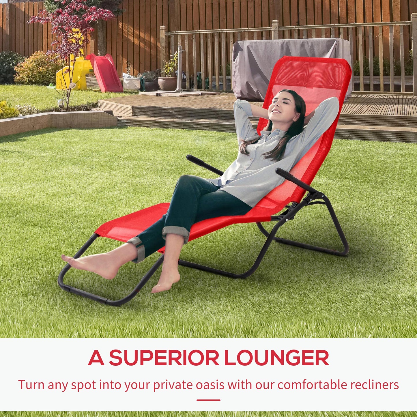 Foldable Patio Lounge Chair, Outdoor Beach Lounger with Breathable Mesh Fabric, Zero Gravity Chair with Rocking Function, Footrests, and Armrests, for Garden, Pool, Red