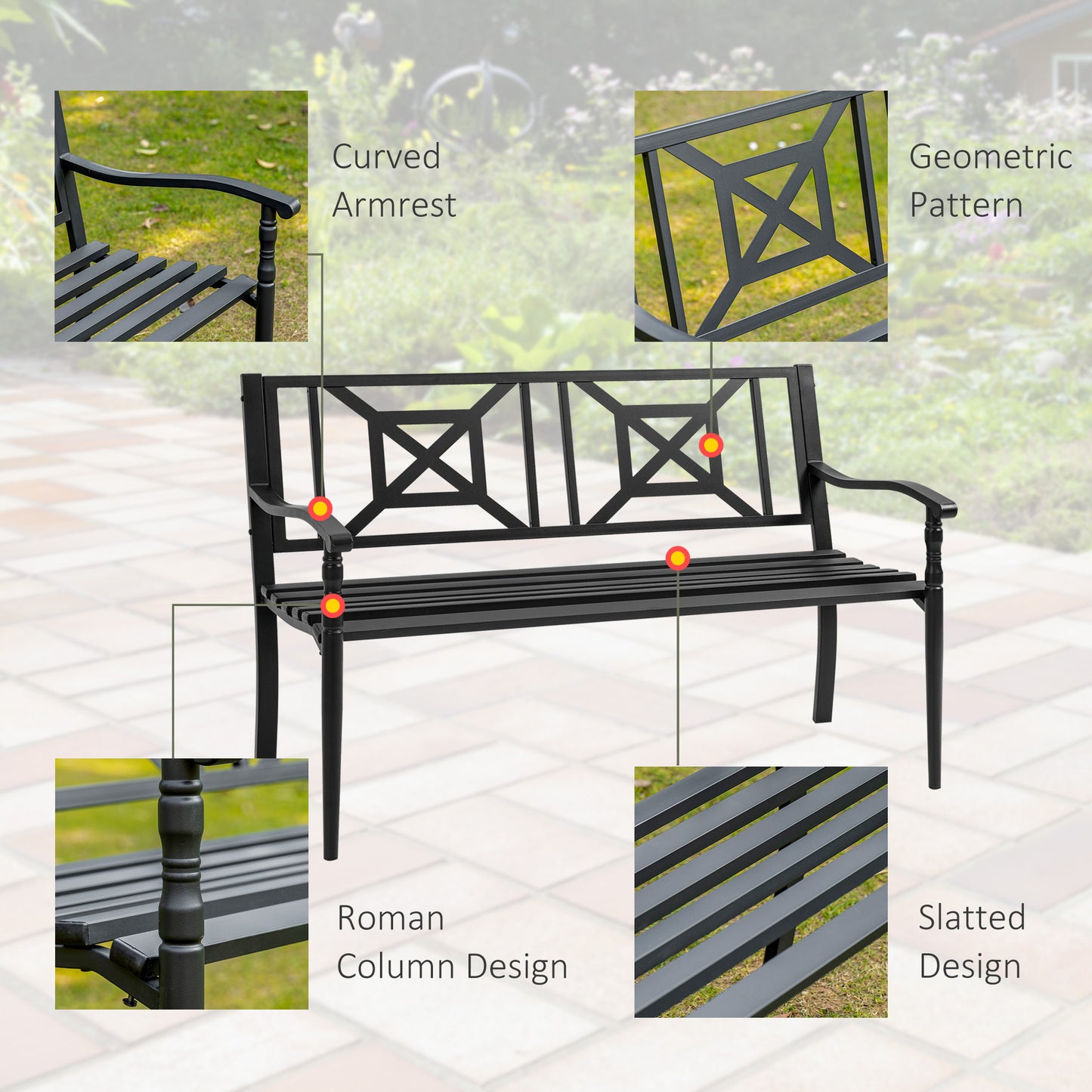 Outsunny Steel Garden Bench for Outdoor, 2-person Patio Bench, Loveseat Furniture for Lawn, Deck, Yard, Porch, Entryway, Black