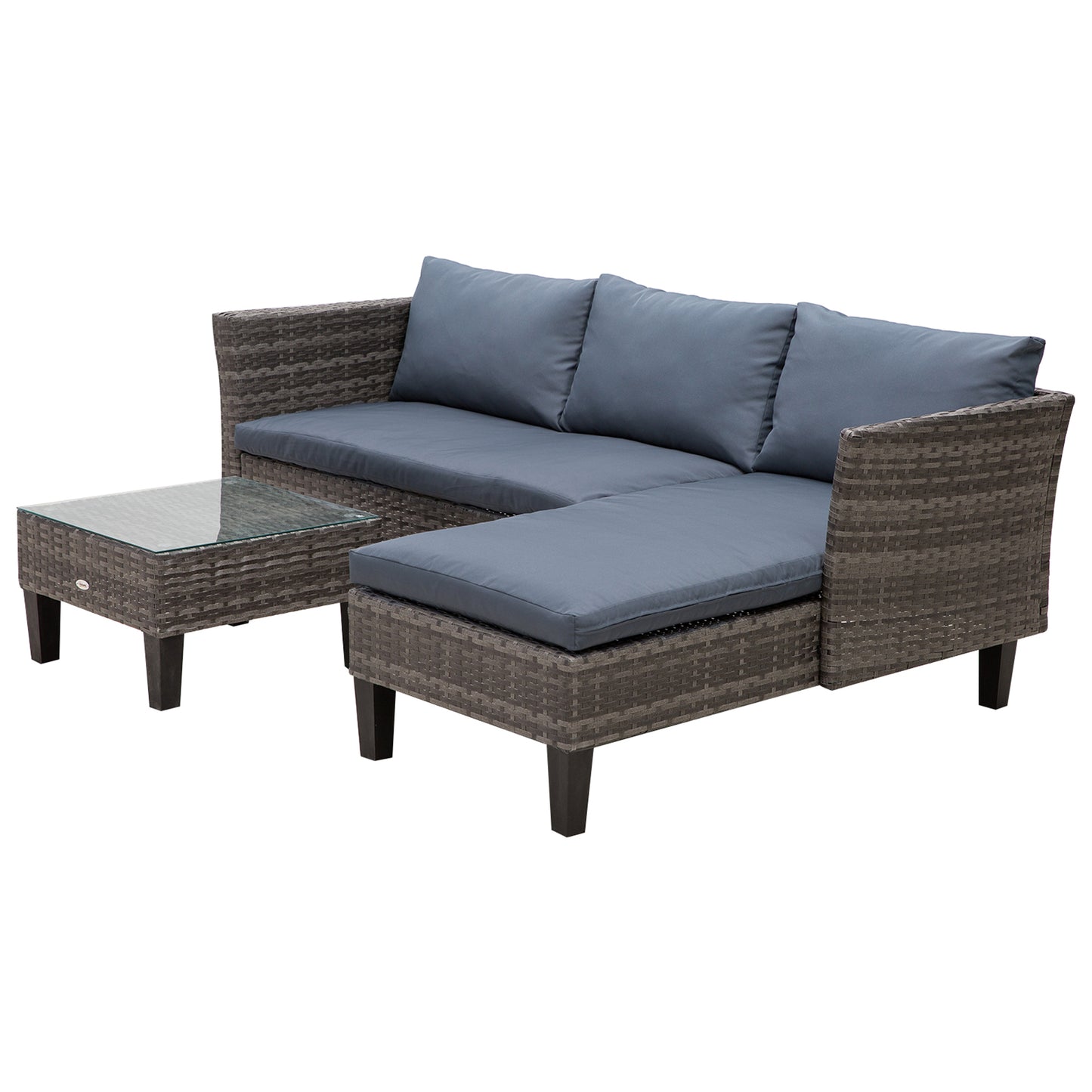 Outsunny 3 Piece Wicker Patio Furniture Set Outdoor Sofa Set with Glass Tabletop, Cushions Metal Frame for Balcony, Patio, Grey