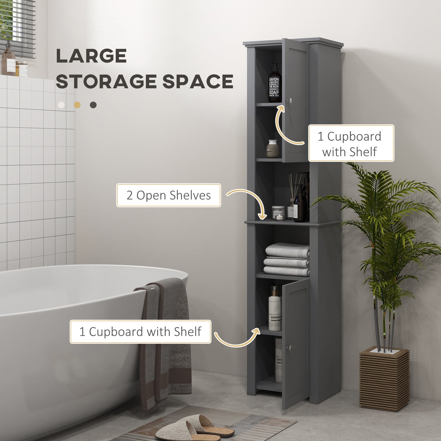 Tall Bathroom Linen Cabinet, Freestanding with Open Shelves and 2 Cupboards, Narrow Storage , Grey