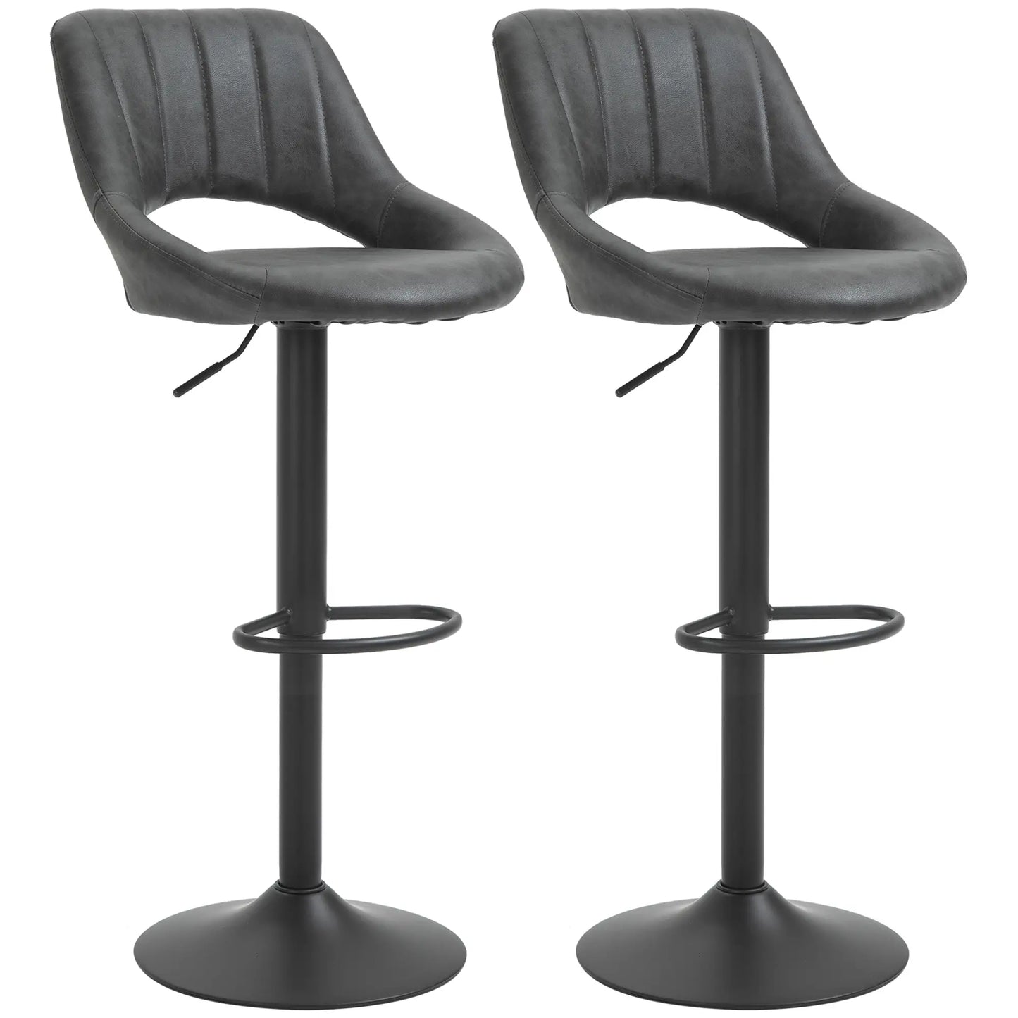 Set of 2 Adjustable Bar Stools with PU Upholstered Back, Footrest and Round Base in Grey