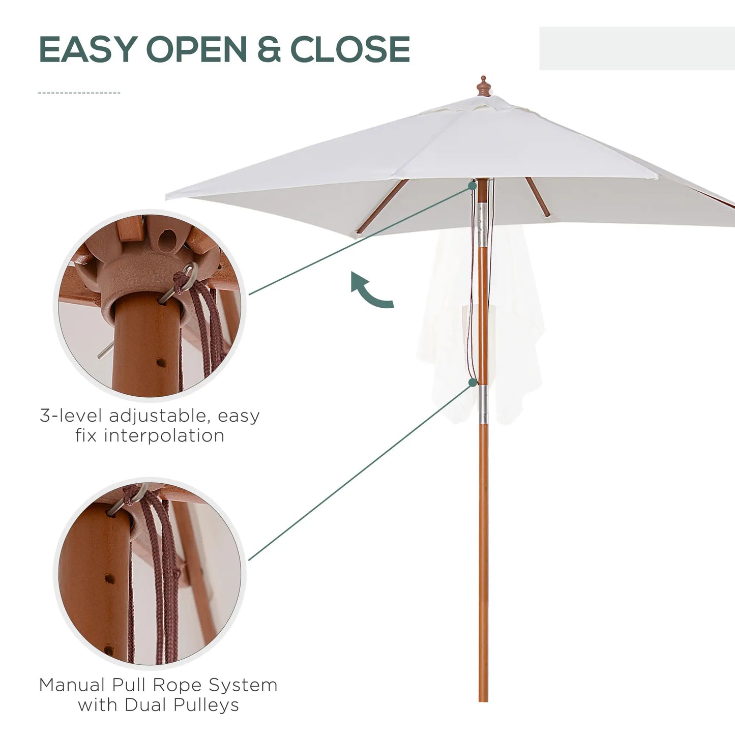 6.6x5ft Fir Wooden Patio Umbrella with Tilt Mechanism 6 Ribs Garden Sunshade, inCream White