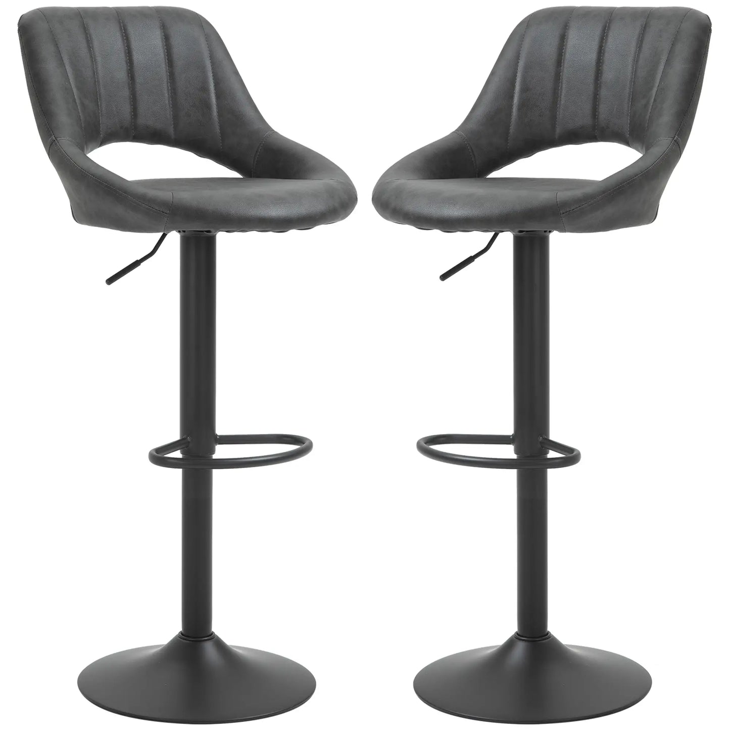 Set of 2 Adjustable Bar Stools with PU Upholstered Back, Footrest and Round Base in Grey