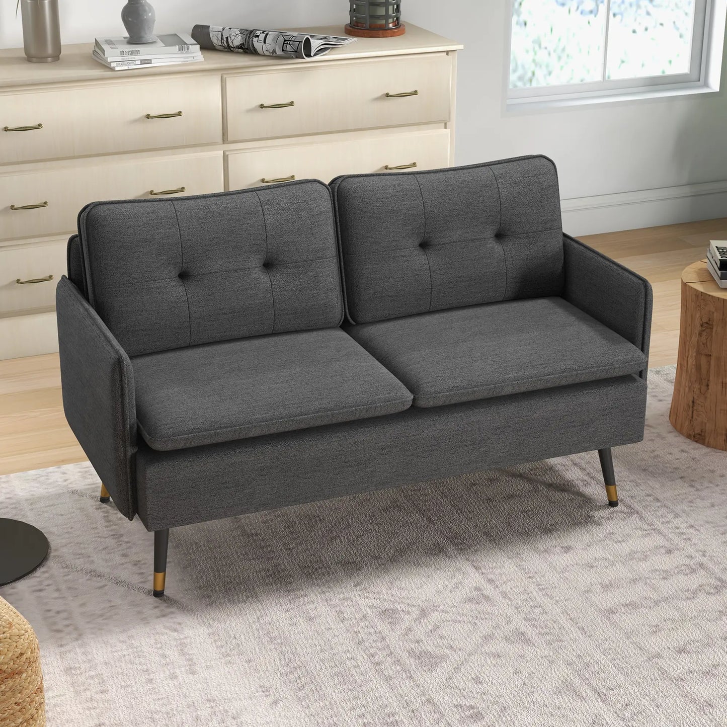 Modern 55" Loveseat, Fabric Love Seat Sofa with Button Tufted Back, with Steel Legs in Dark Grey