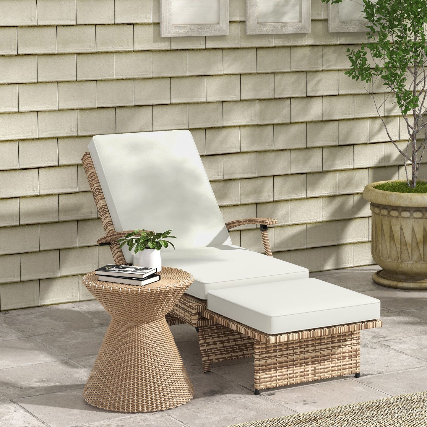 Outdoor Wicker Foldable Recliner Chair with Retractable Footrest, Cushion, White