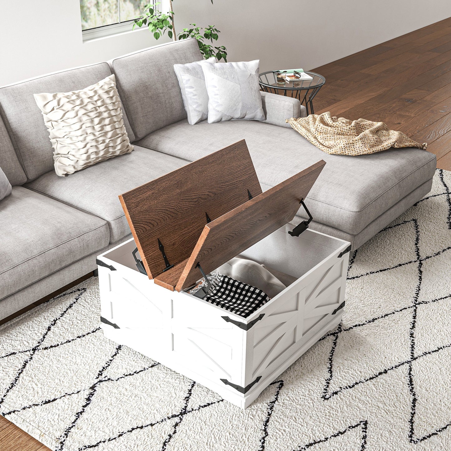 Farmhouse Coffee Table, Square Center Table with Flip-top Lids, Hidden Storage Compartment, White