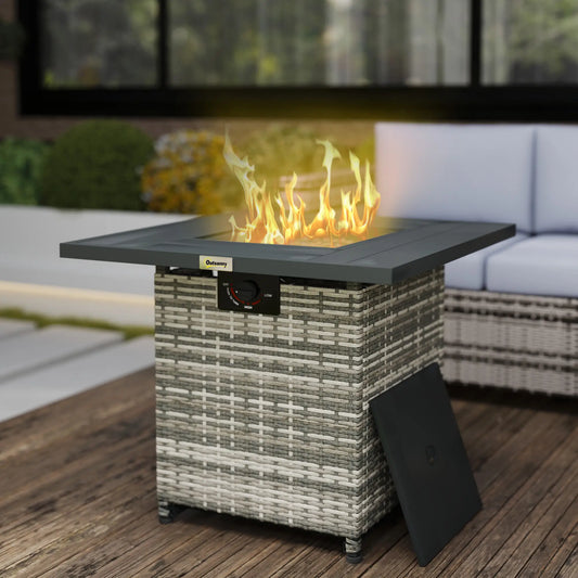 28 Inch Propane Fire Pit Table, 40,000 BTU Rattan Gas Fire Pit Table with Rain Cover, Mesh Lid, Lava Stone, Mixed Grey
