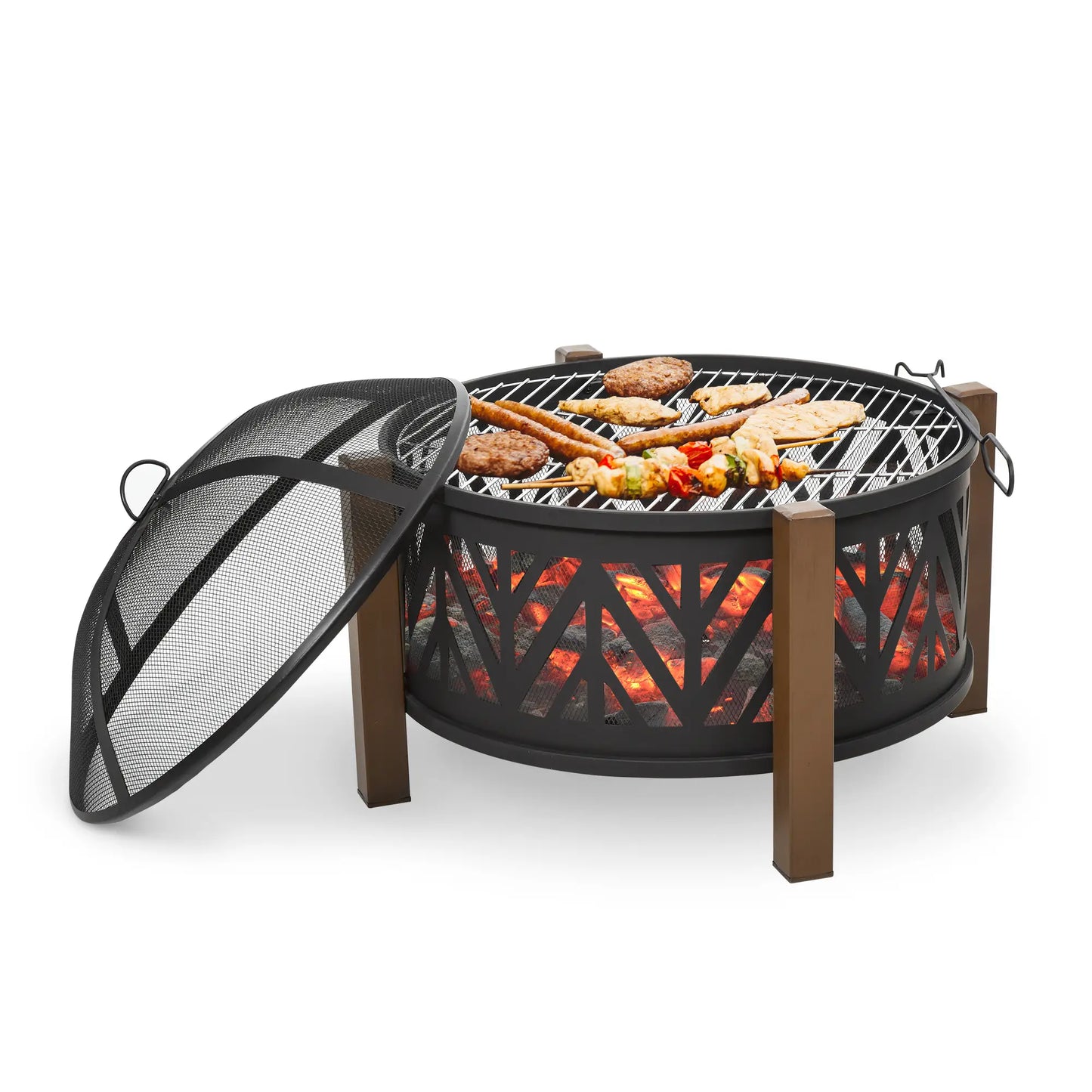 31" Outdoor Fire pit, 2-in-1 Wood Burning Fire Pit Brazier with Lid, BBQ Grill, Poker for Backyard, Camping, Black
