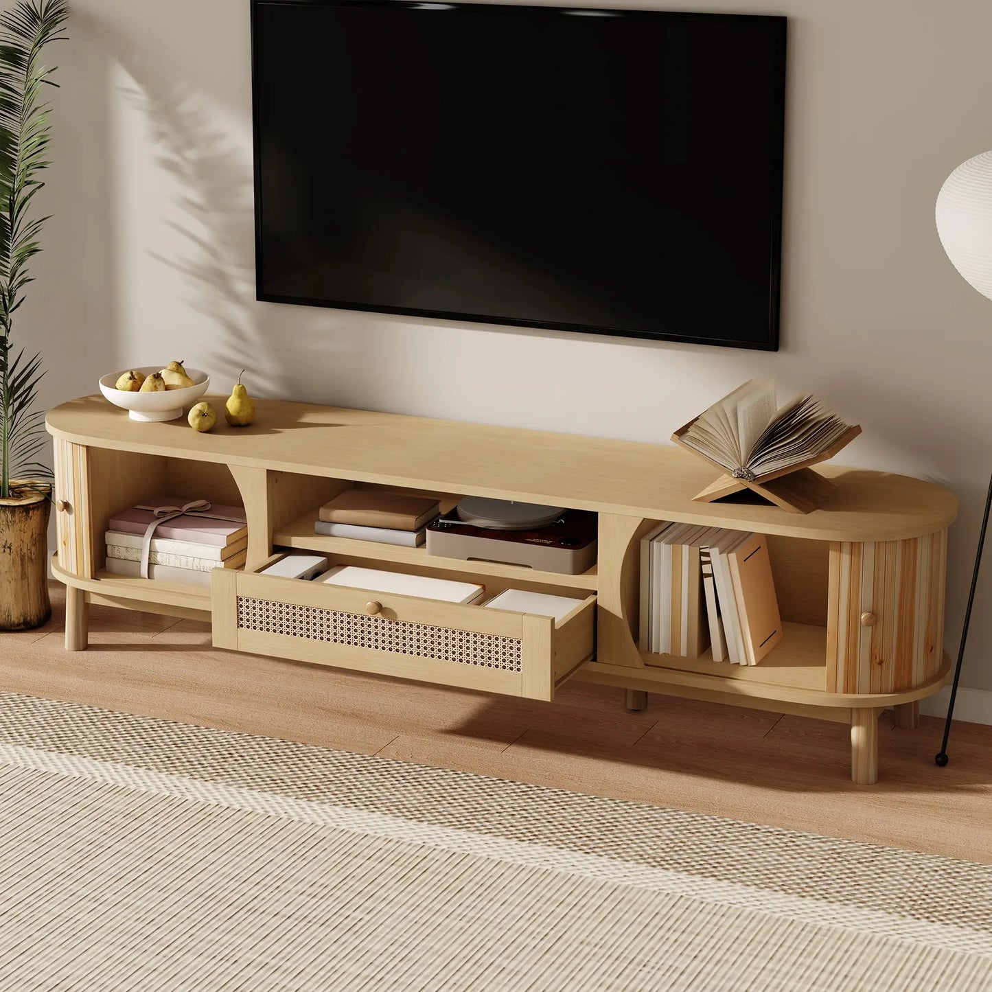 Rattan TV Stand with Solid Wood Doors and Drawers, Easy Installation, 65" L x 14.5" W x 18" H, Natural