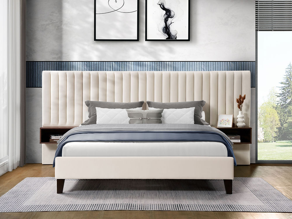 Modern Style Velvet Bed with 2 Floating Wooden Night Stands, in Beige