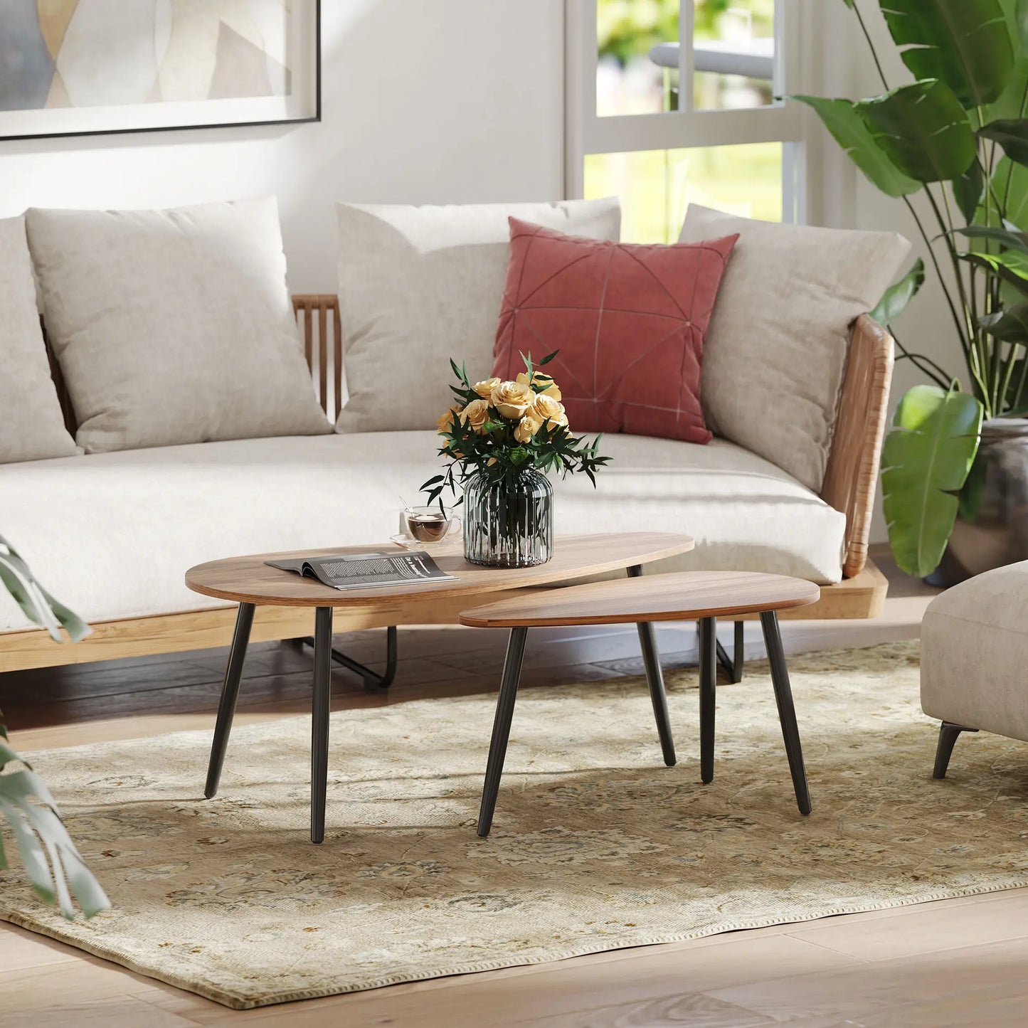 2 Pieces Coffee Table Set for Living Room, Industrial Nest of Tables with Steel Legs, Brown