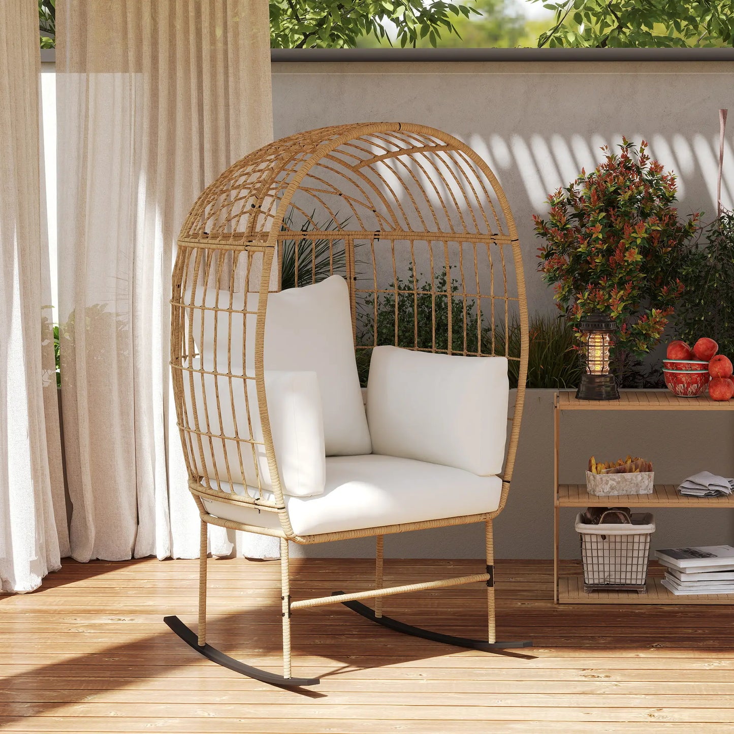 Outsunny Indoor Outdoor Egg Chair w/ Thickened Cushions, Wicker Patio Lounger for Porch, Balcony, Beige