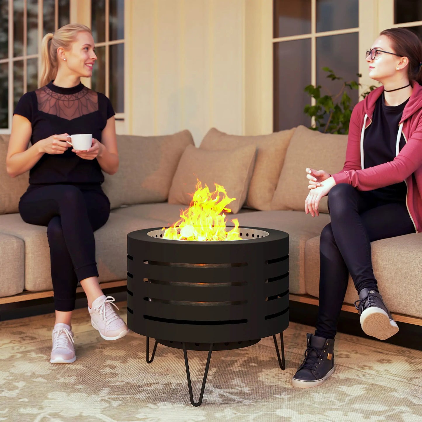 Round Fire Pit with Fire Poker, Portable Wood Burning Firepit with Ash Tray and Hairpin Legs, Outdoor Fireplace, Black