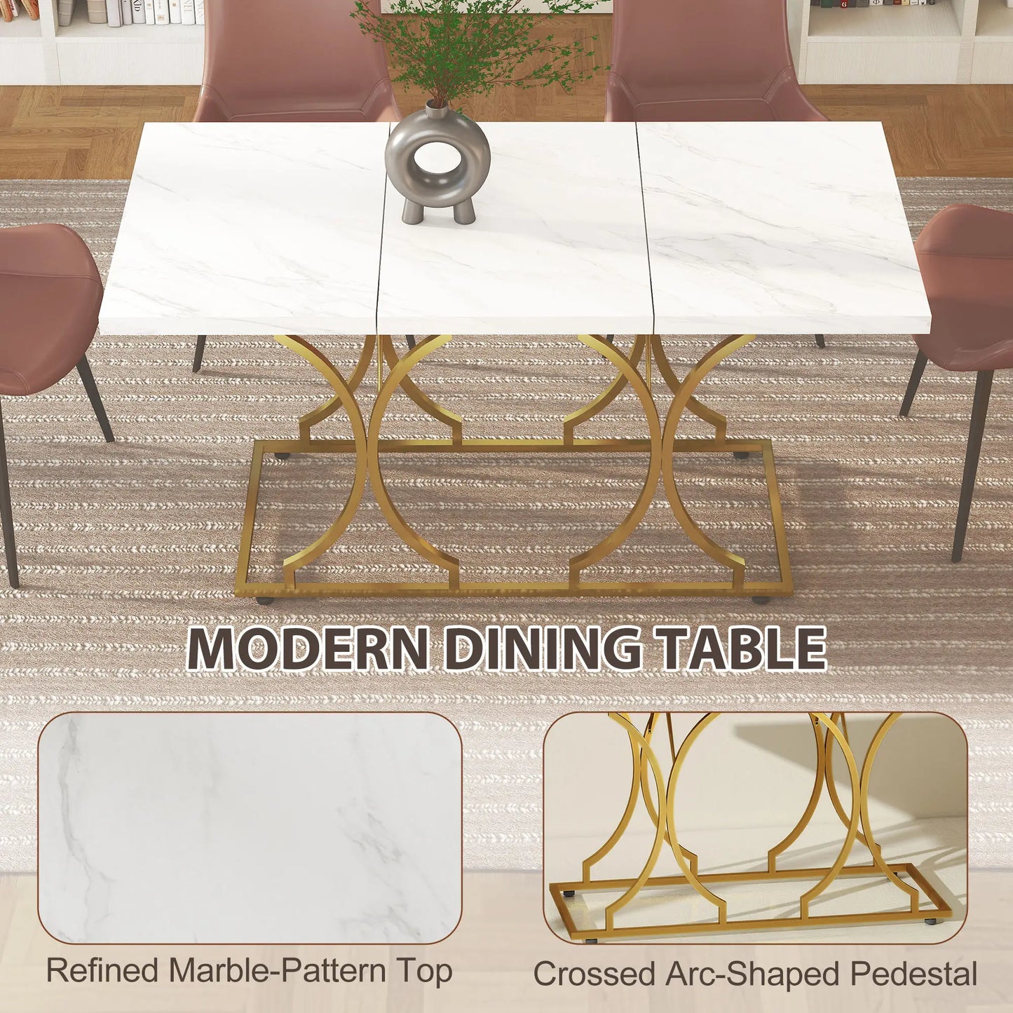 59-Inch, 6 Person, Modern Marble-Pattern Kitchen Dinner Table with Metal Pedestal White