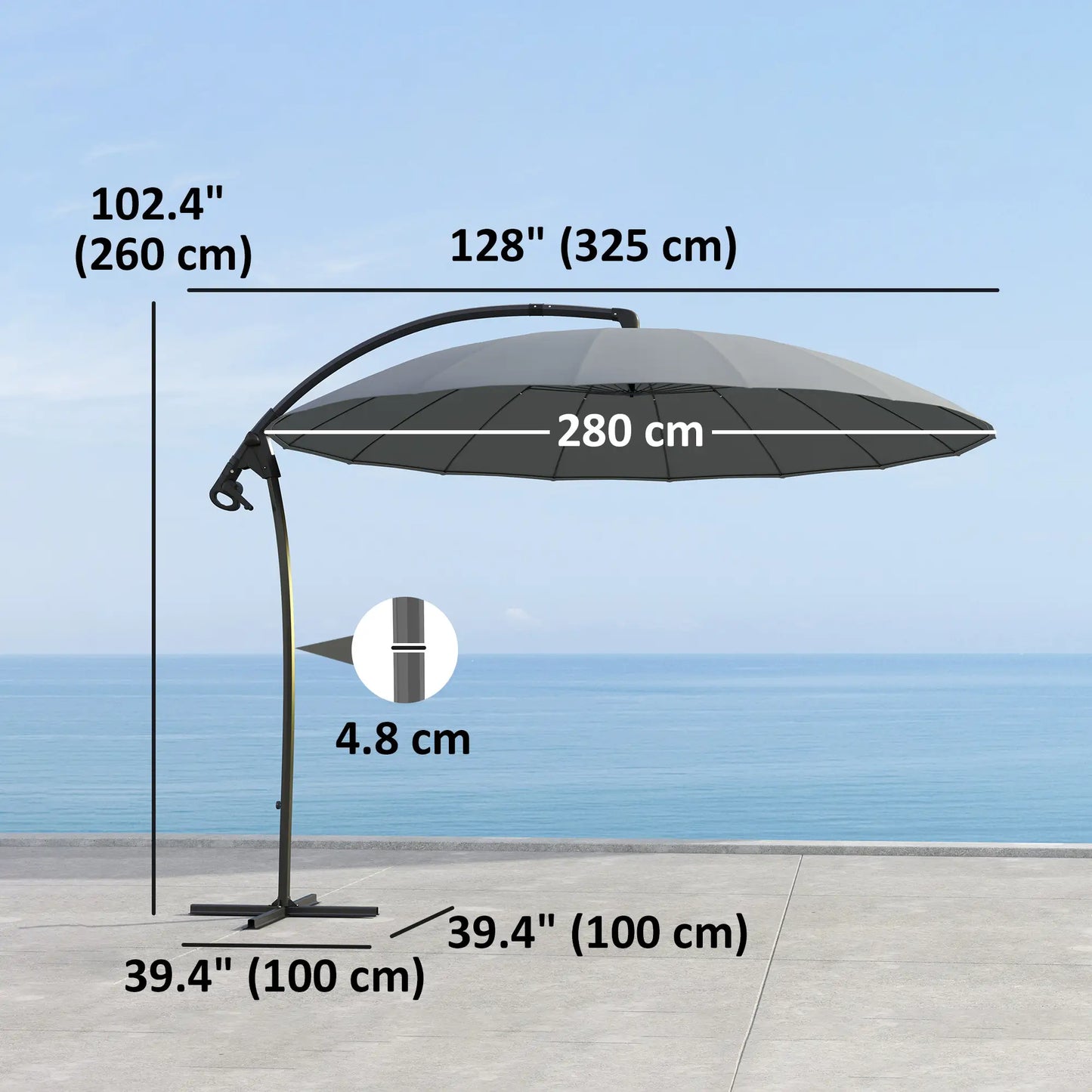 Outsunny 9FT Cantilever Umbrella with 16 Fibreglass Ribs, Offset Hanging Umbrella, Patio Umbrella with Crank and Cross Base, Grey