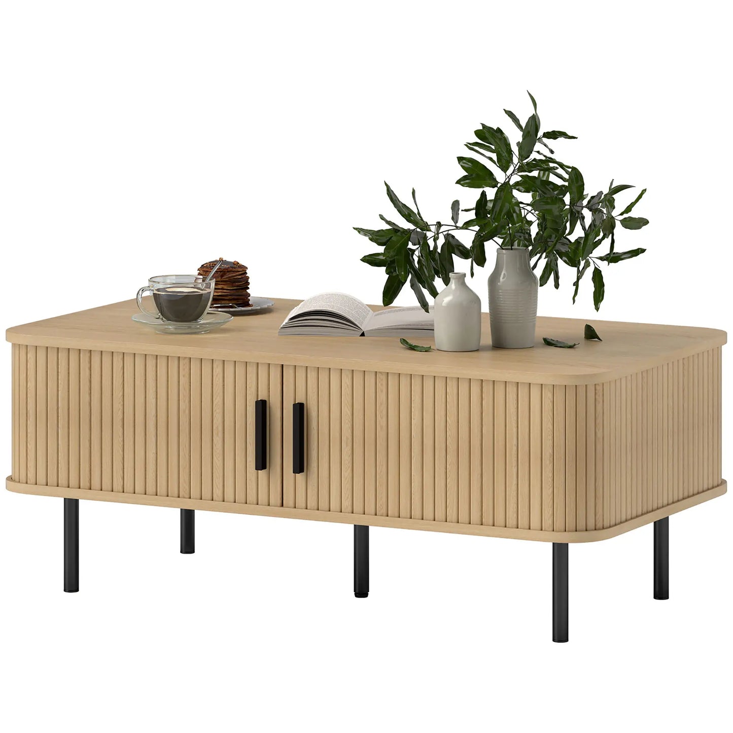 Coffee Table with Storage, Nordic Side Table with Slatted Tambour Sliding Doors and Steel Legs for Living Room, Oak