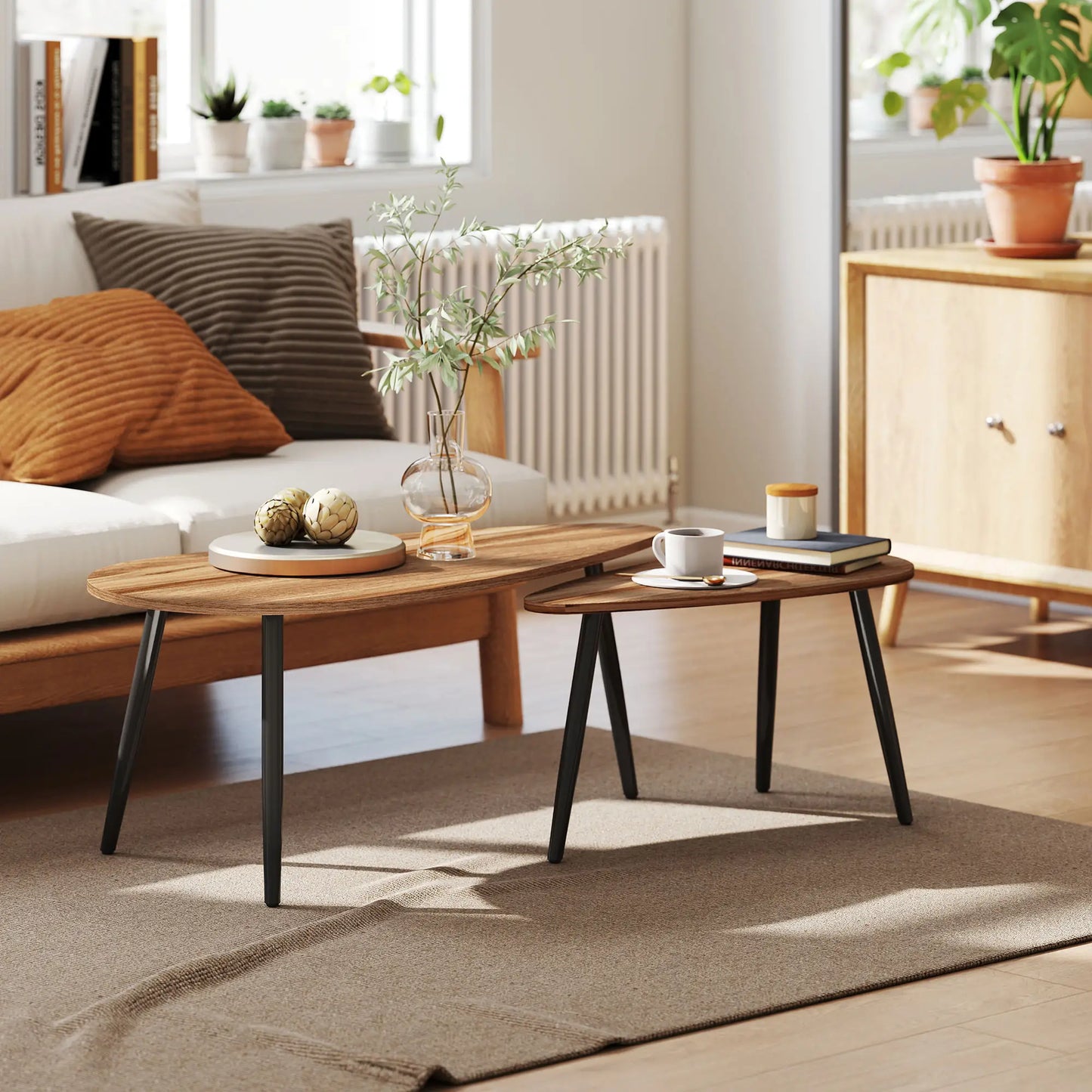 2 Pieces Coffee Table Set for Living Room, Industrial Nest of Tables with Steel Legs, Brown