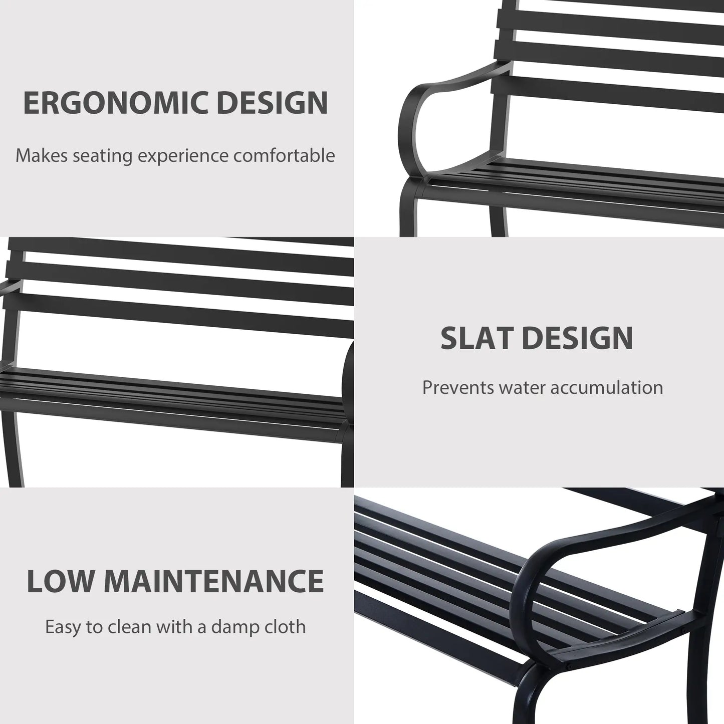 2 Seater Garden Bench, Metal Outdoor Bench for Yard, Lawn, Porch, Black