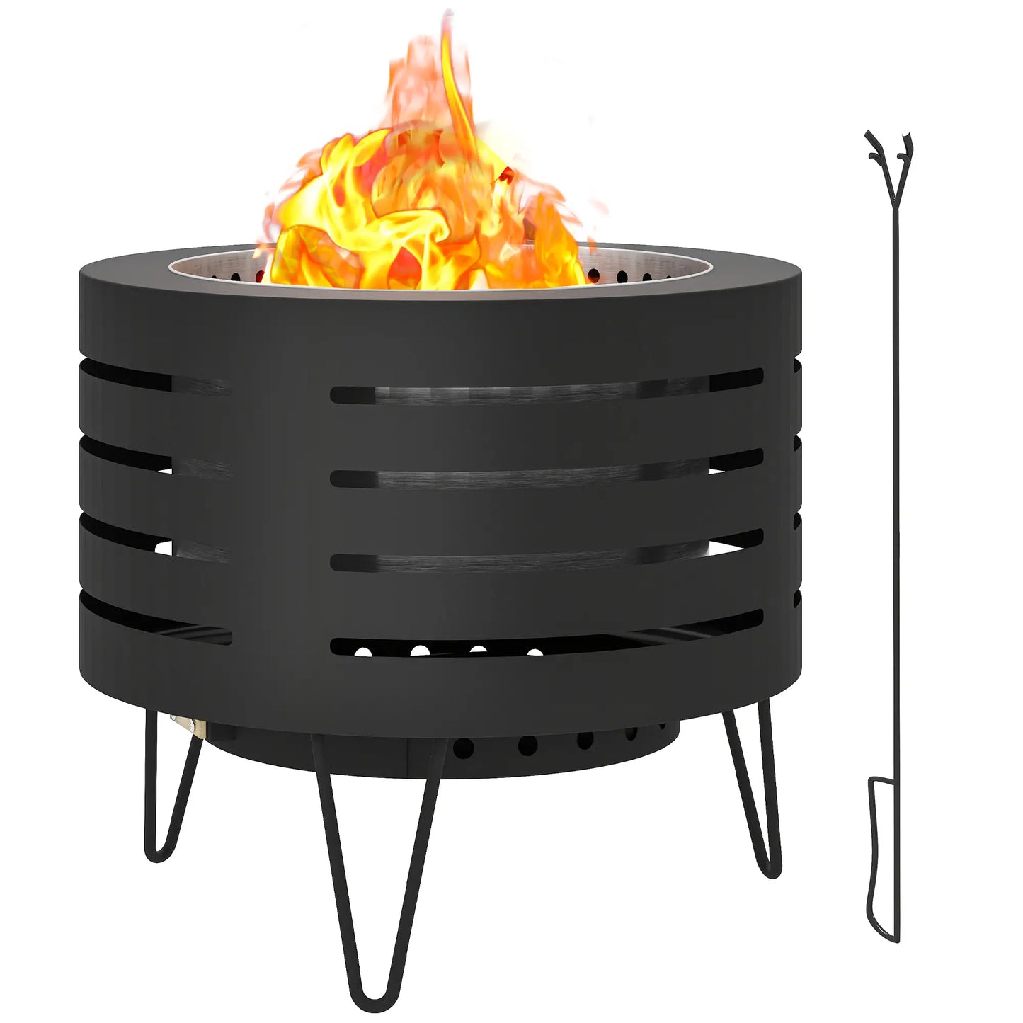 Round Fire Pit with Fire Poker, Portable Wood Burning Firepit with Ash Tray and Hairpin Legs, Outdoor Fireplace, Black