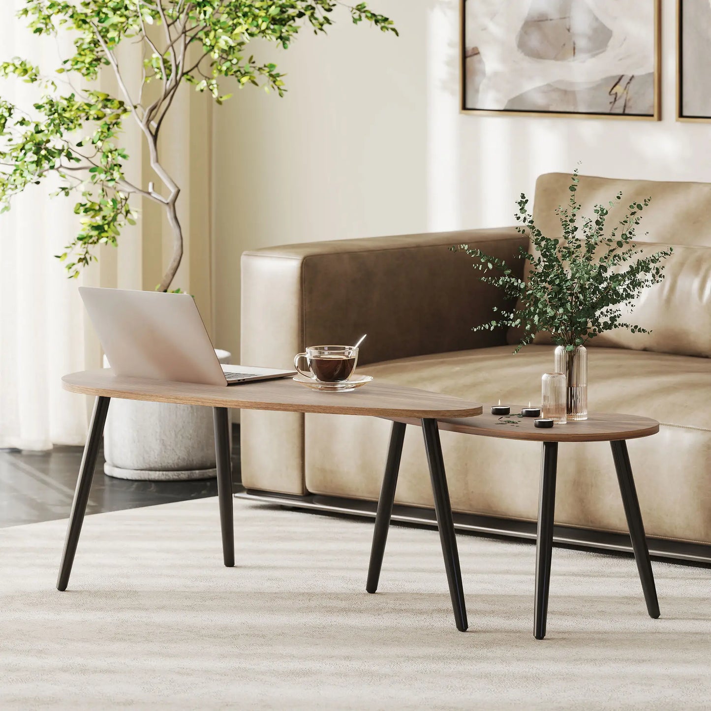 2 Pieces Coffee Table Set for Living Room, Industrial Nest of Tables with Steel Legs, Brown