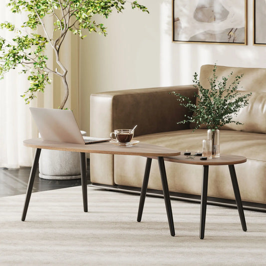 2 Pieces Coffee Table Set for Living Room, Industrial Nest of Tables with Steel Legs, Brown