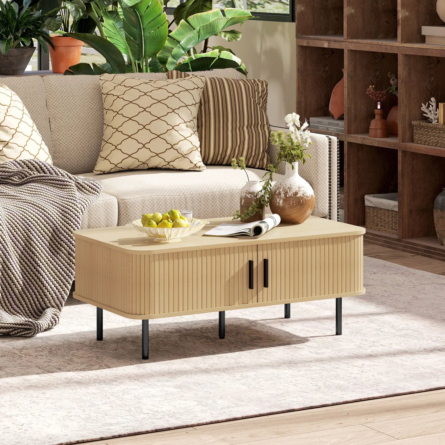 Coffee Table with Storage, Nordic Side Table with Slatted Tambour Sliding Doors and Steel Legs for Living Room, Oak