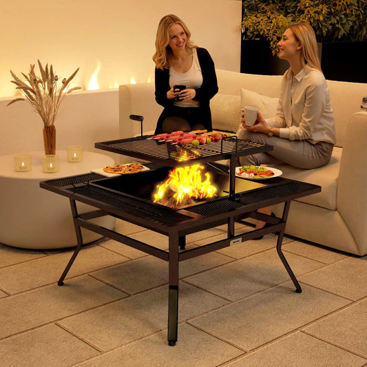 Outsunny Square Outdoor Fire Pit with Adjustable Grill Grate, Wood Fire, Adjustable Foot Pads, Outer Ledge, Poker for Backyard Bonfire Picnic, in Black