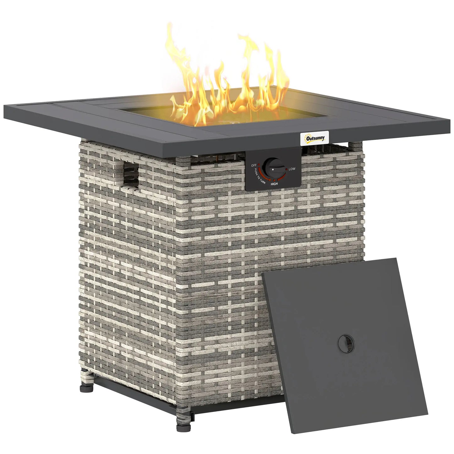28 Inch Propane Fire Pit Table, 40,000 BTU Rattan Gas Fire Pit Table with Rain Cover, Mesh Lid, Lava Stone, Mixed Grey