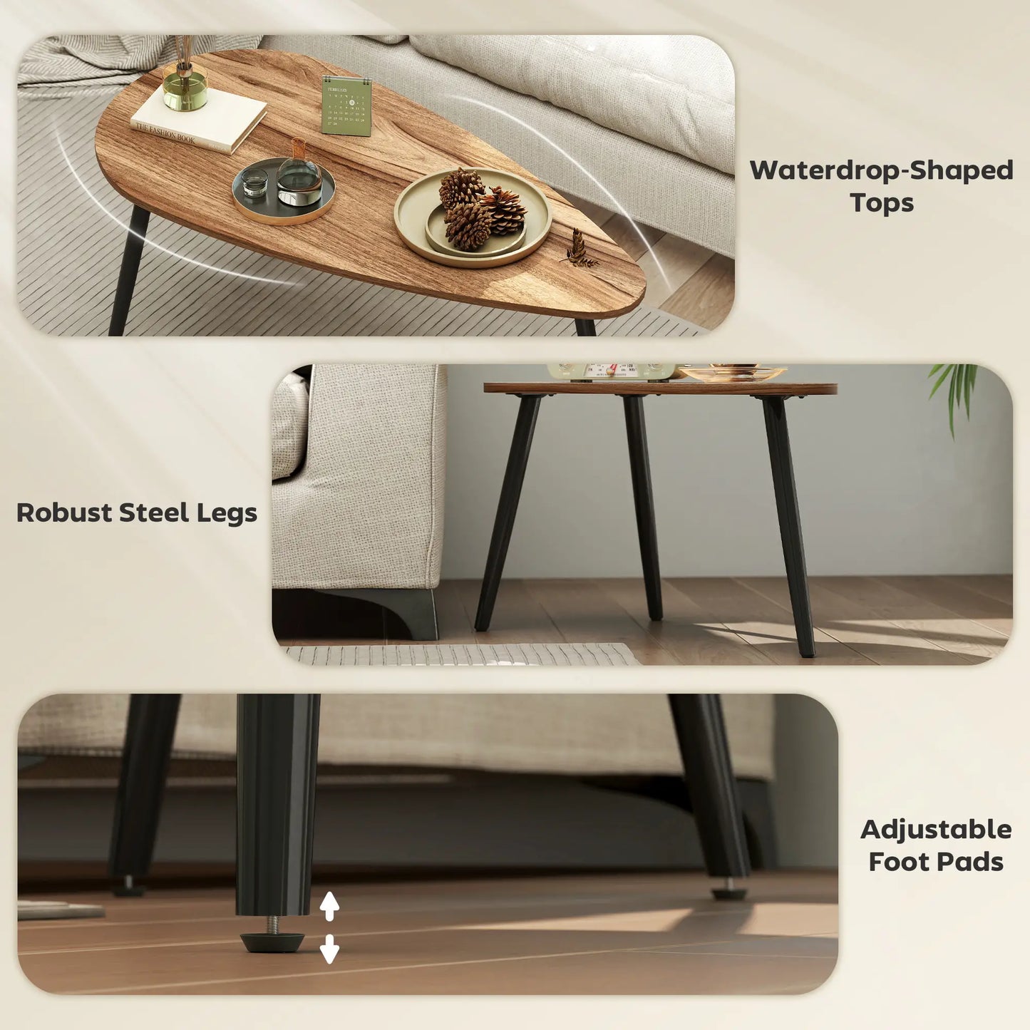 2 Pieces Coffee Table Set for Living Room, Industrial Nest of Tables with Steel Legs, Brown