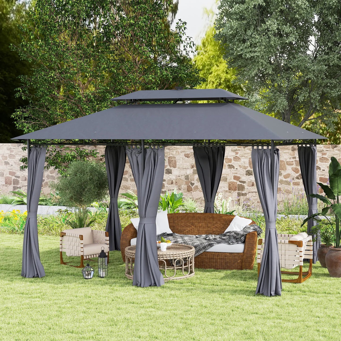 10' x 13' Outdoor Gazebo with Curtains and Solar-Powered LED Lights, Double Roof Patio Gazebo Canopy Shelter