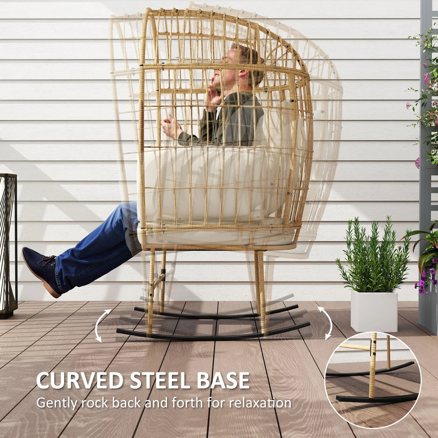 Outsunny Indoor Outdoor Egg Chair w/ Thickened Cushions, Wicker Patio Lounger for Porch, Balcony, Beige