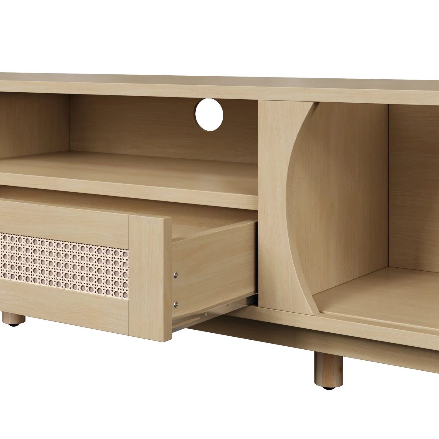 Rattan TV Stand with Solid Wood Doors and Drawers, Easy Installation, 65" L x 14.5" W x 18" H, Natural