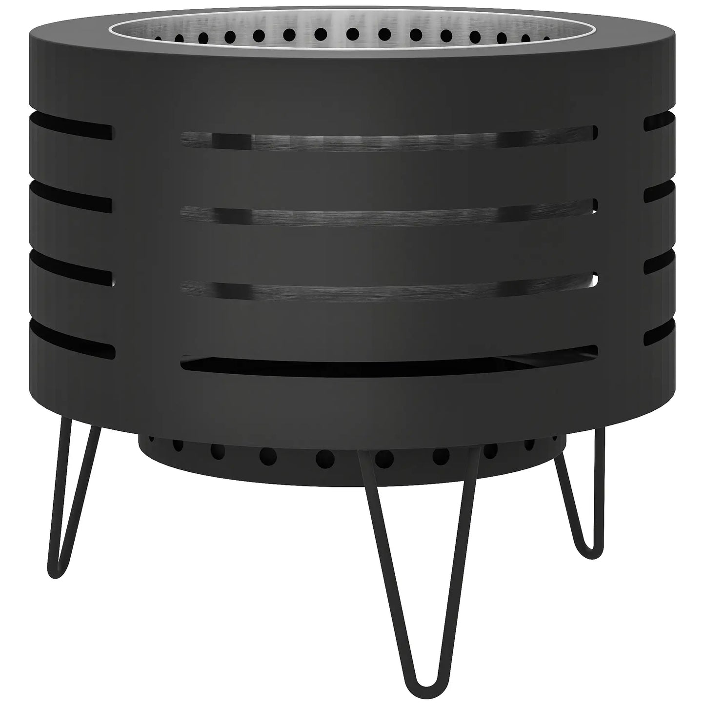 Round Fire Pit with Fire Poker, Portable Wood Burning Firepit with Ash Tray and Hairpin Legs, Outdoor Fireplace, Black