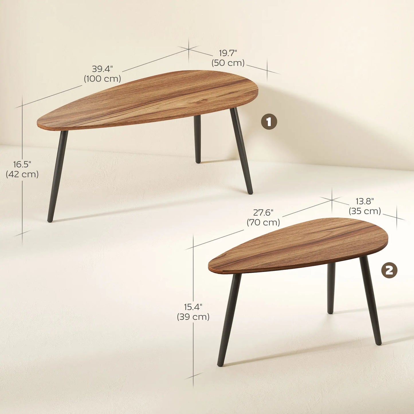 2 Pieces Coffee Table Set for Living Room, Industrial Nest of Tables with Steel Legs, Brown