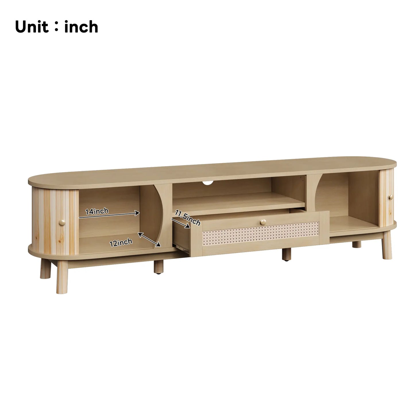 Rattan TV Stand with Solid Wood Doors and Drawers, Easy Installation, 65" L x 14.5" W x 18" H, Natural