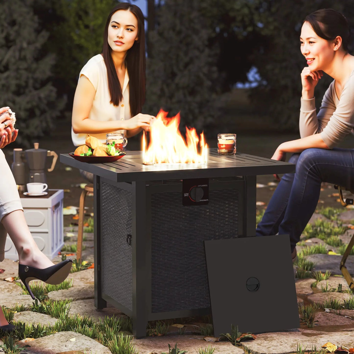 Outsunny Square Gas Fire Pit Table, Smokeless Firepit with Cover, Black
