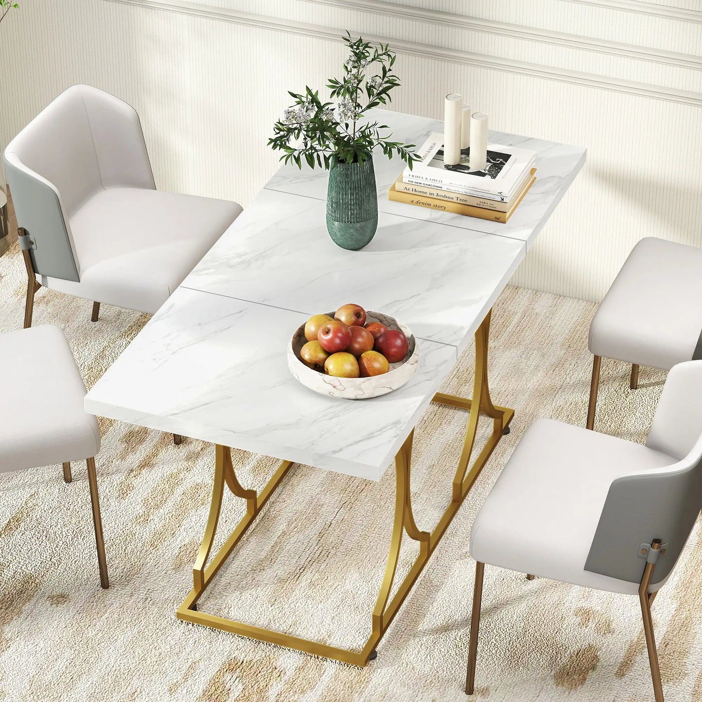 59-Inch, 6 Person, Modern Marble-Pattern Kitchen Dinner Table with Metal Pedestal White