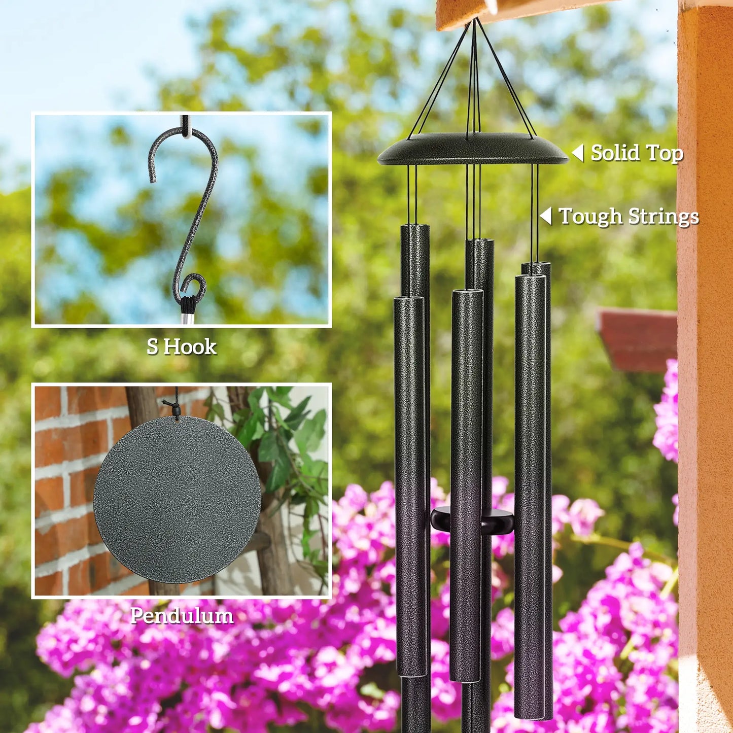 45" Wind Chimes Outdoor Deep Tone Wind Chime with 6 Aluminum Tubes and Hook for Patio, Yard, Garden Decor, Dark Grey