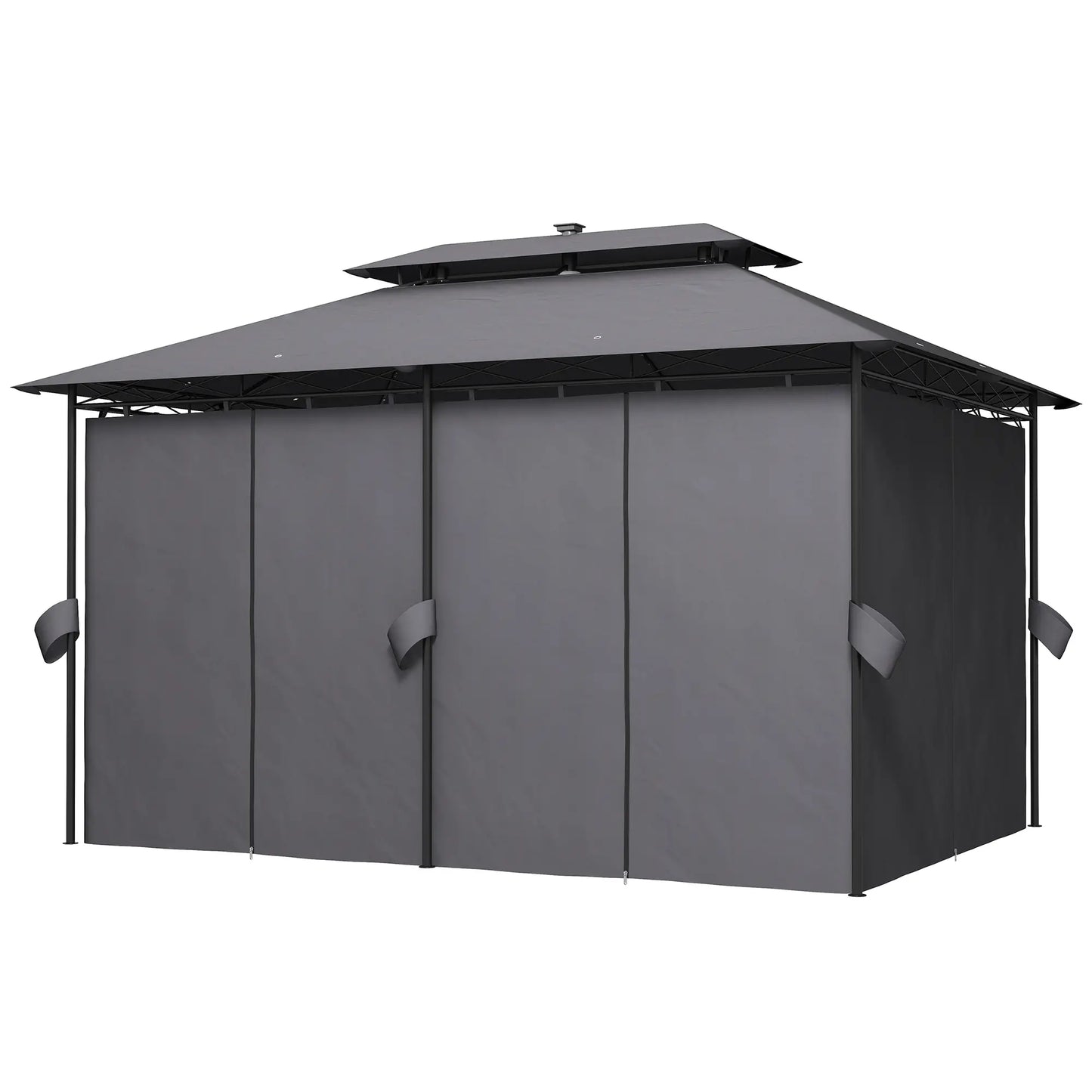 10' x 13' Outdoor Gazebo with Curtains and Solar-Powered LED Lights, Double Roof Patio Gazebo Canopy Shelter