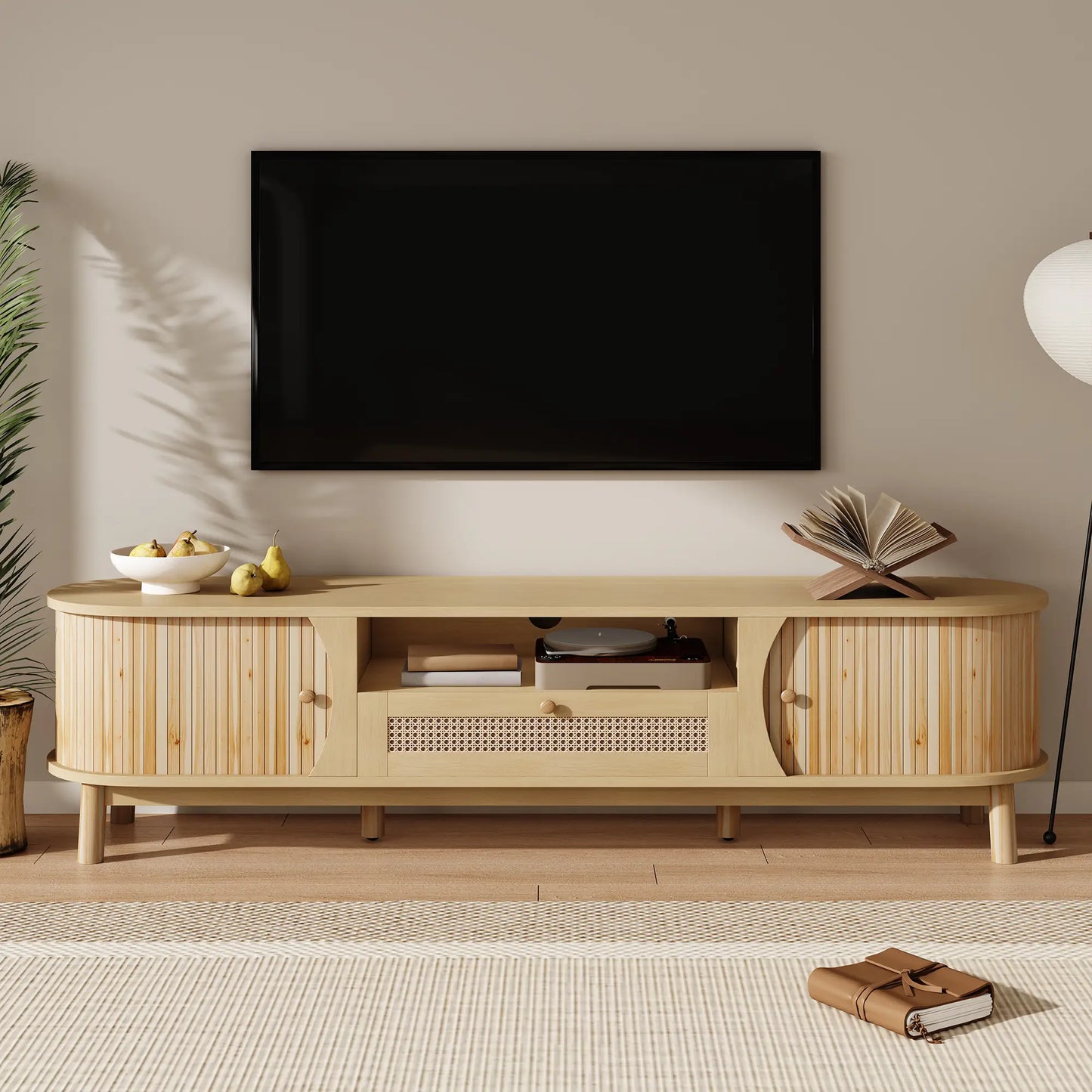 Rattan TV Stand with Solid Wood Doors and Drawers, Easy Installation, 65" L x 14.5" W x 18" H, Natural