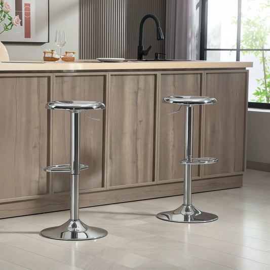 SET OF 2 Steel Bar Stools, Adjustable Counter Height Round Breakfast Barstools, Industrial Swivel Bar Chairs in Silver