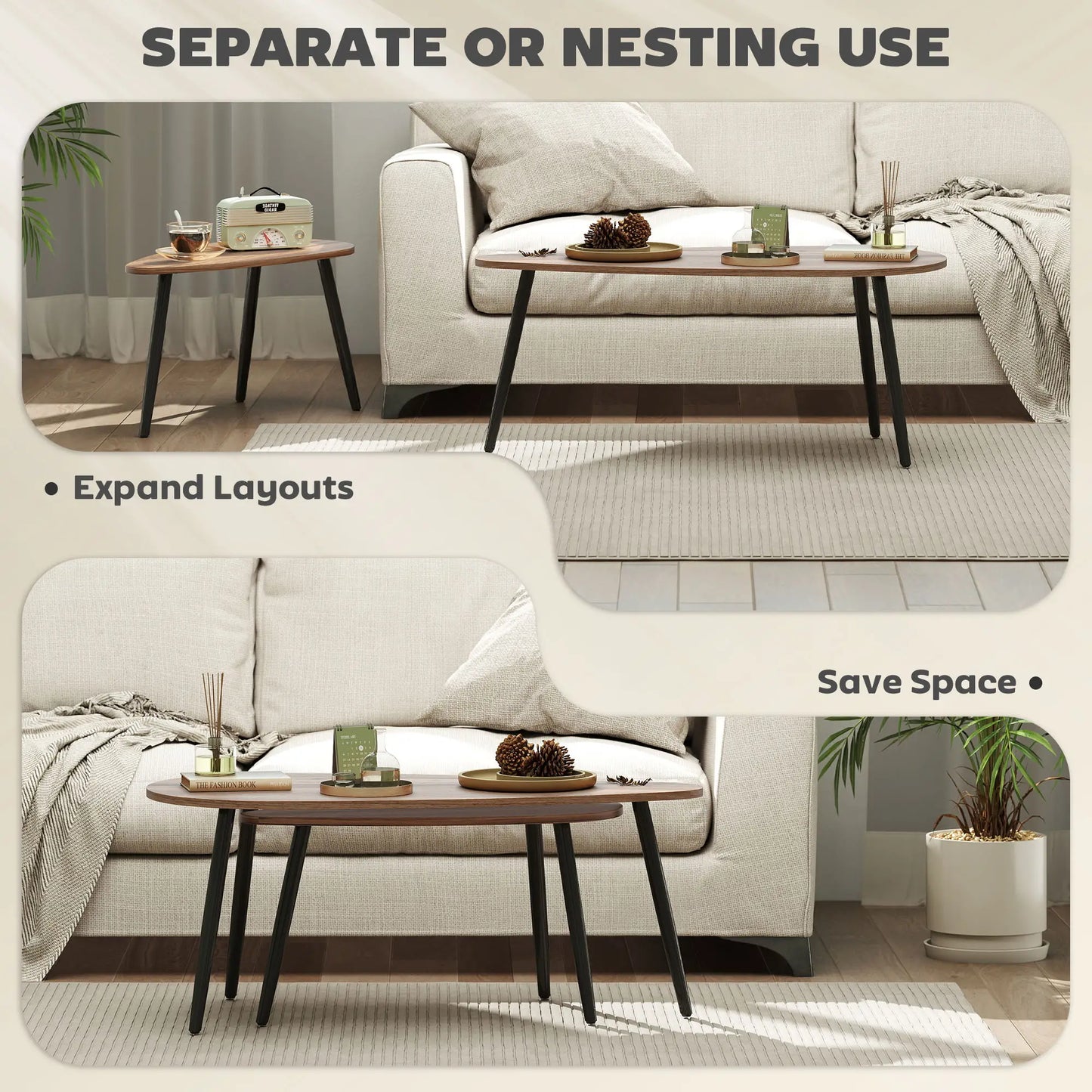 2 Pieces Coffee Table Set for Living Room, Industrial Nest of Tables with Steel Legs, Brown